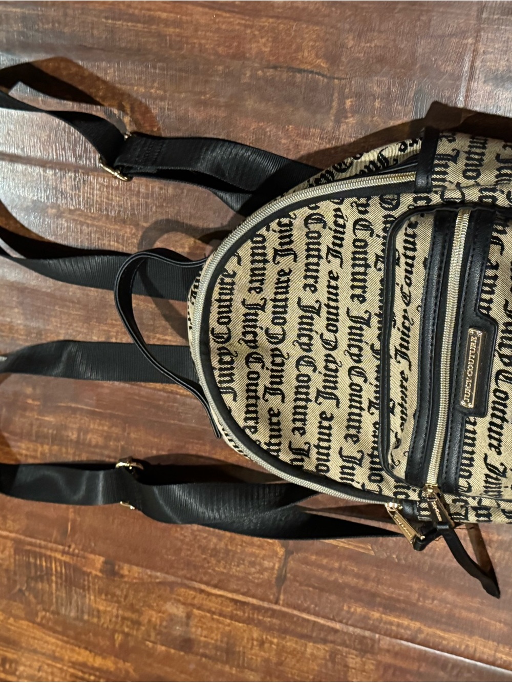 Juicy Couture Tan Logo Monogram Backpack with Black Straps